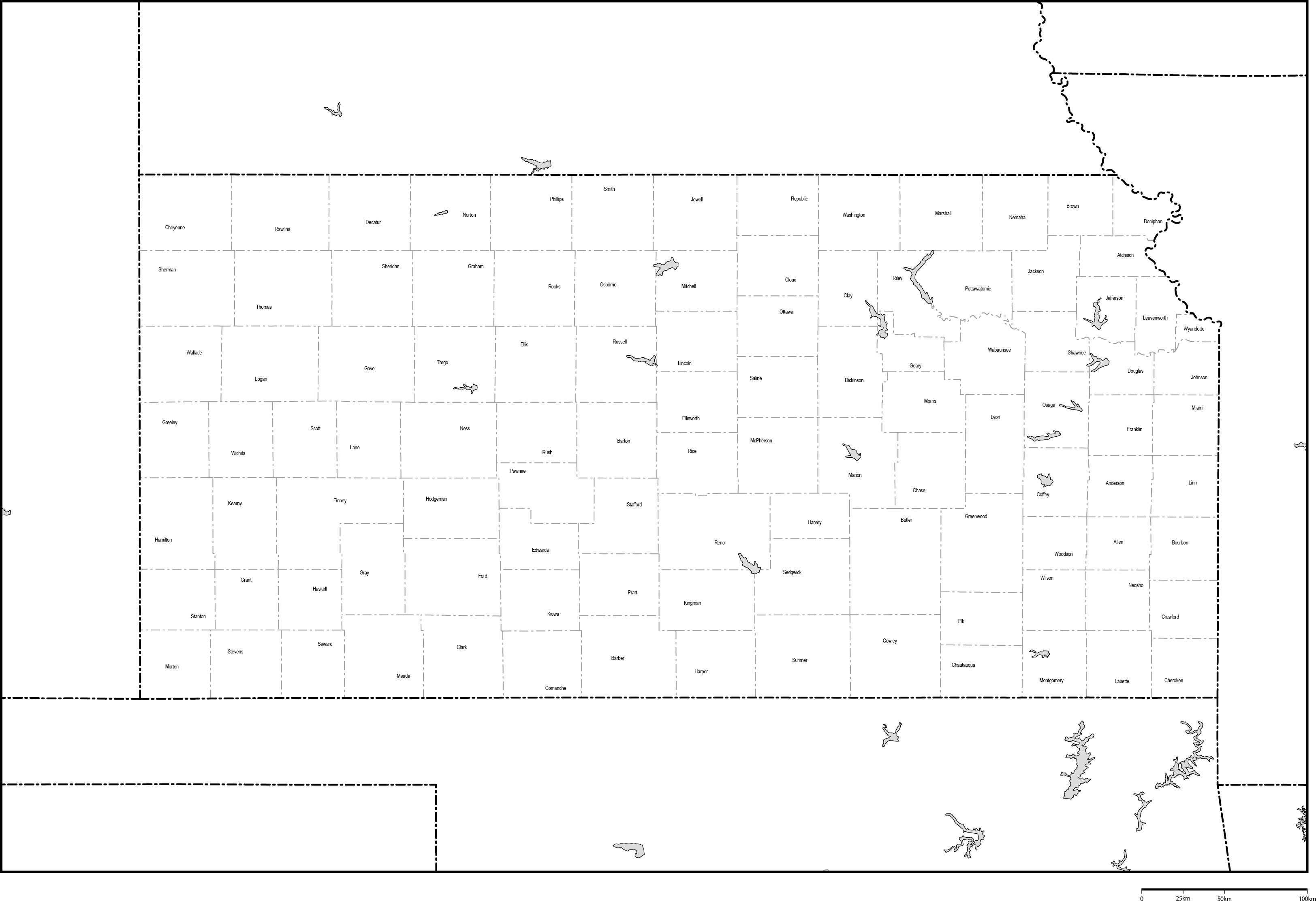 カンザス州郡分け白地図郡名あり(英語)フリーデータの画像