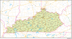 ケンタッキー州地図州都・主な都市・道路あり(英語)