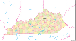 ケンタッキー州郡色分け地図州都あり(英語)