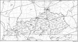 ケンタッキー州郡分け白地図州都・主な都市・道路あり(英語)