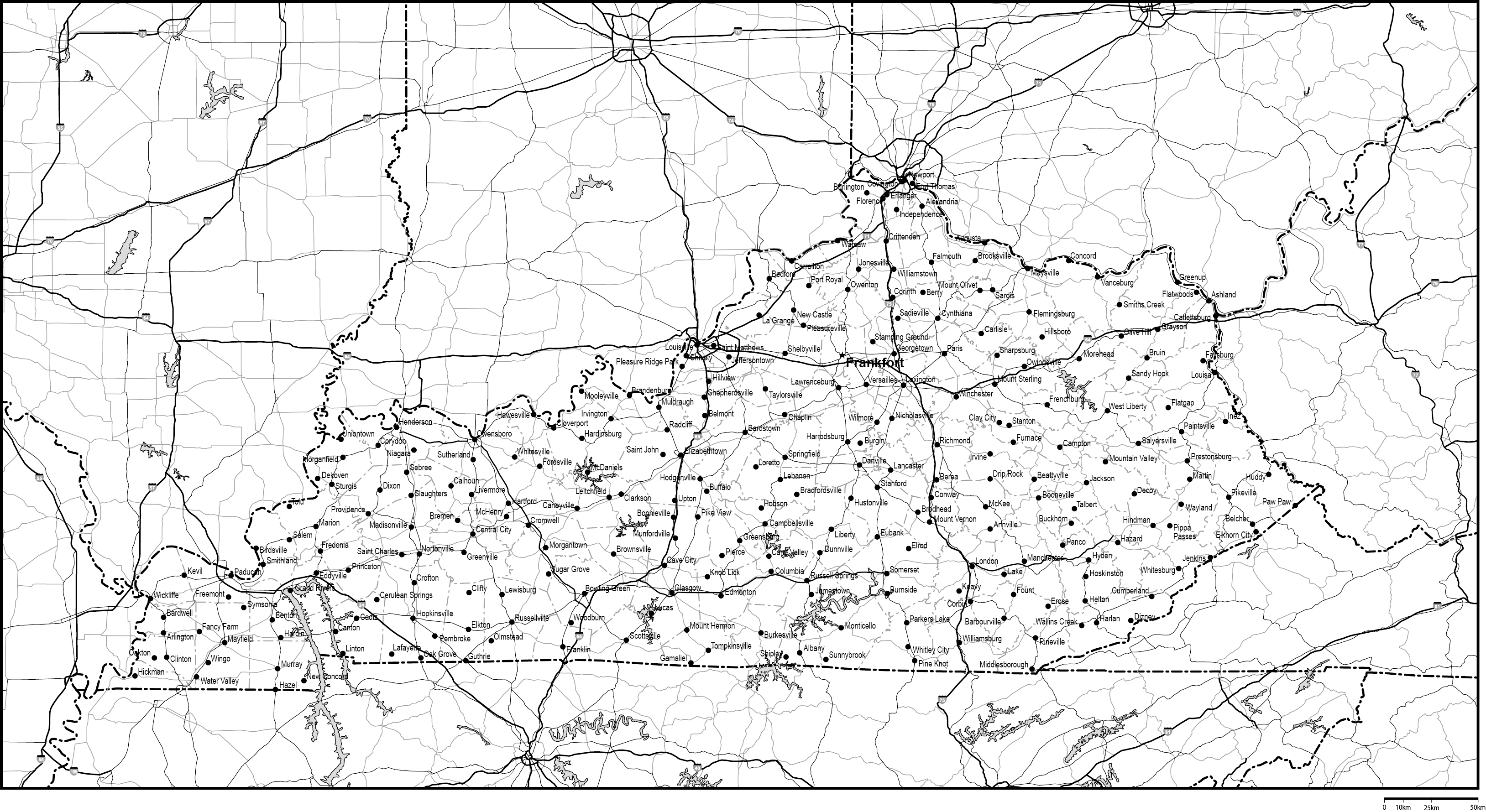 ケンタッキー州郡分け白地図州都・主な都市・道路あり(英語)フリーデータの画像