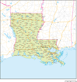 ルイジアナ州地図州都・主な都市・道路あり(英語)