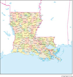 ルイジアナ州郡色分け地図州都・主な都市あり(英語)