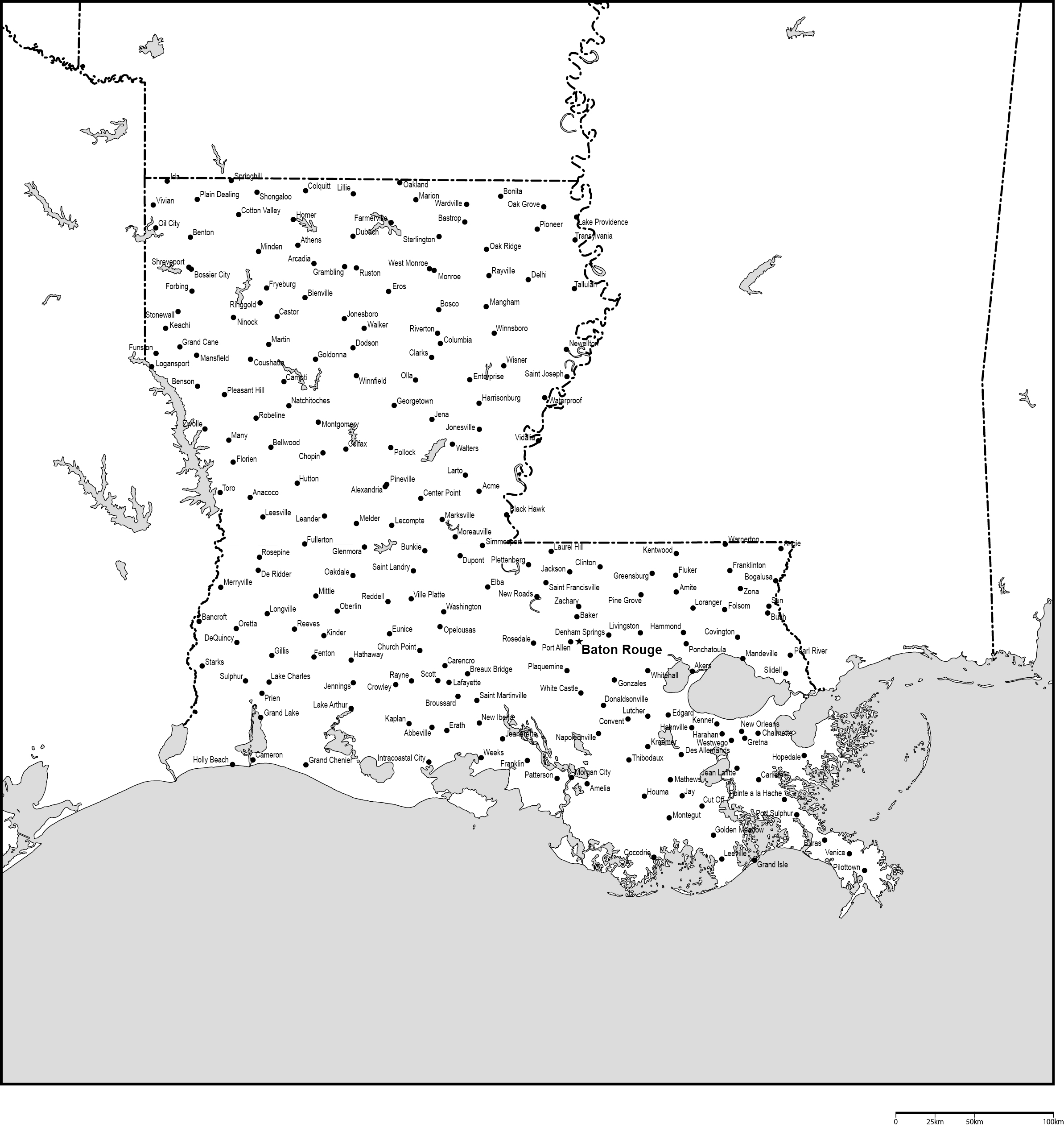 ルイジアナ州白地図州都・主な都市あり(英語)フリーデータの画像