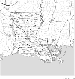 ルイジアナ州郡分け白地図州都・主な都市・道路あり(英語)
