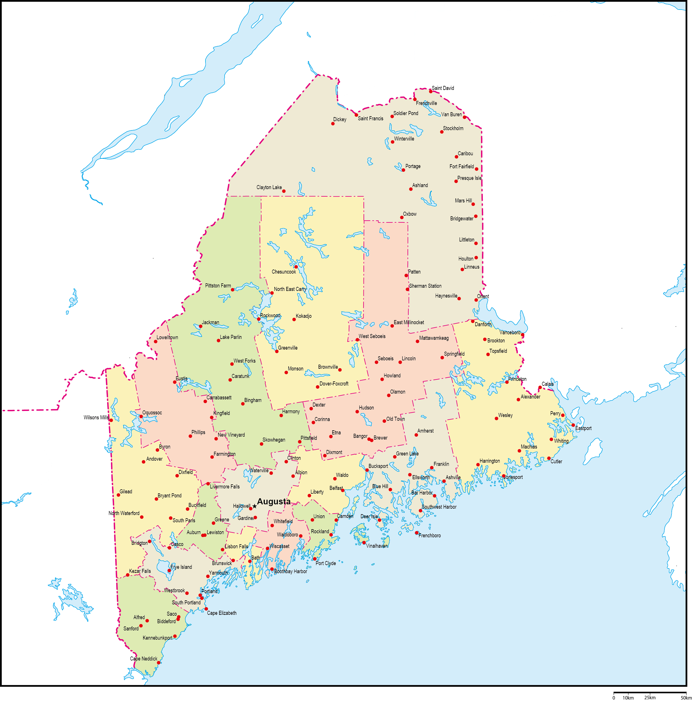 メイン州郡色分け地図州都・主な都市あり(英語)フリーデータの画像