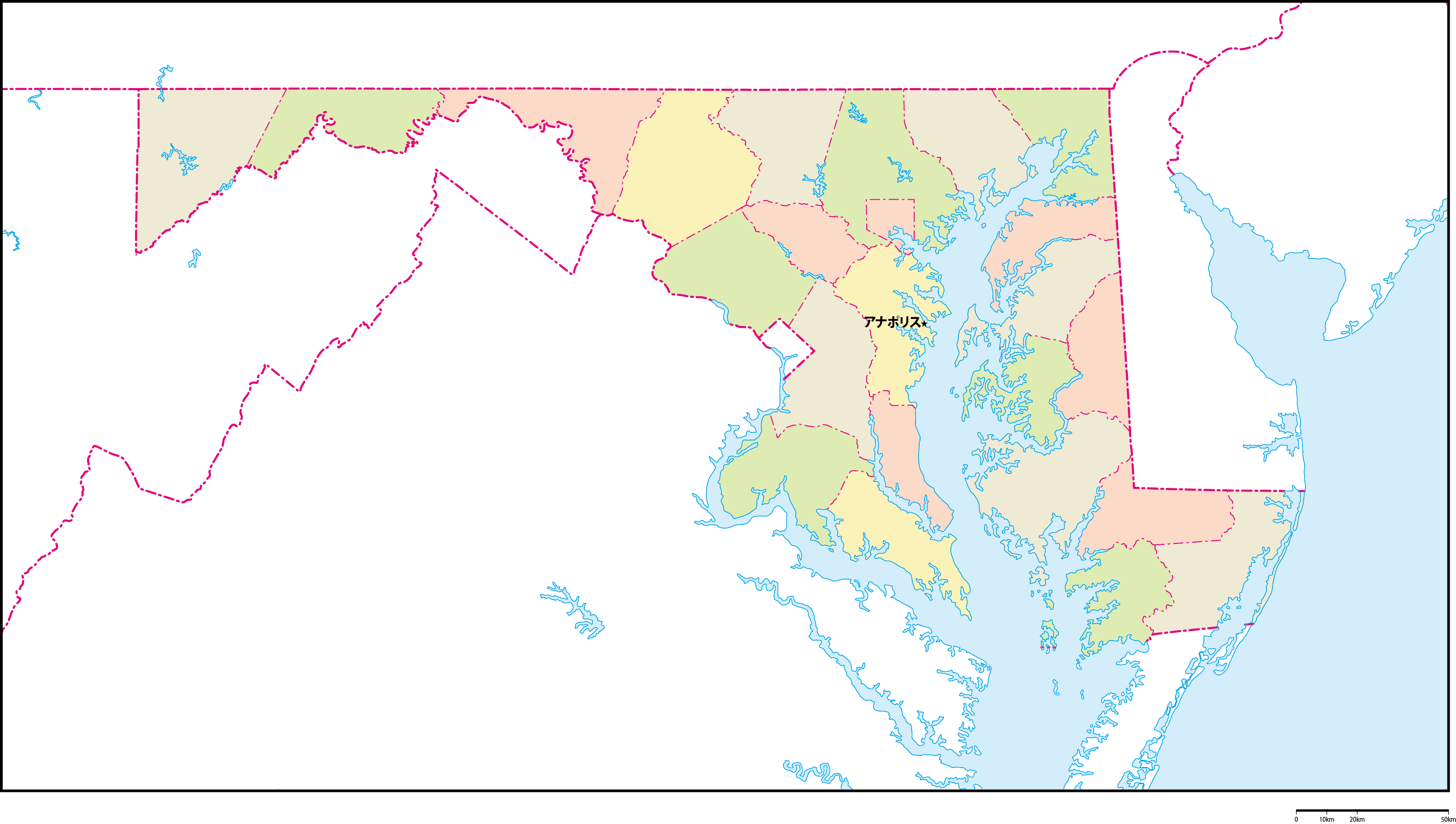 メリーランド州郡色分け地図州都あり(日本語)フリーデータの画像