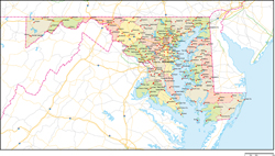 メリーランド州郡色分け地図州都・主な都市・道路あり(英語)