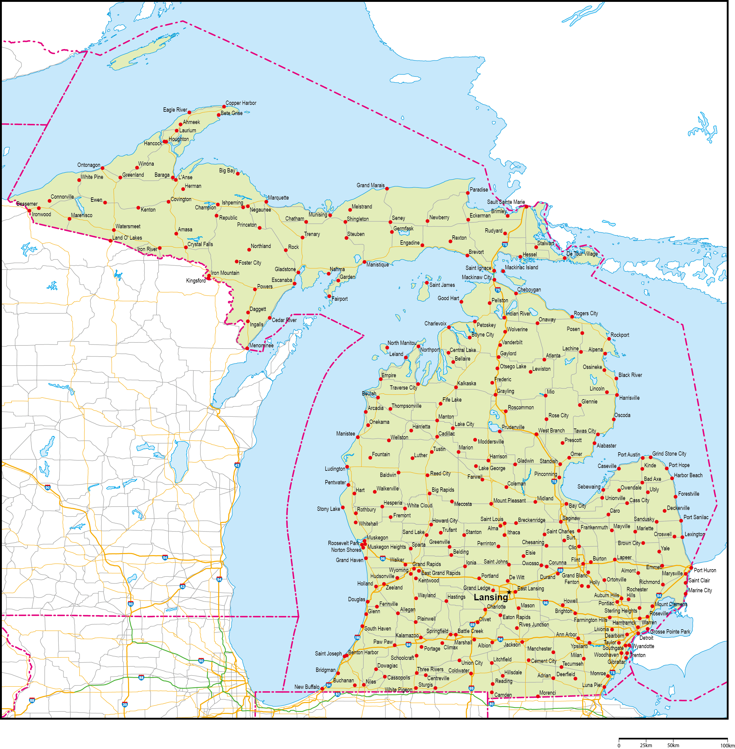 ミシガン州地図州都・主な都市・道路あり(英語)フリーデータの画像