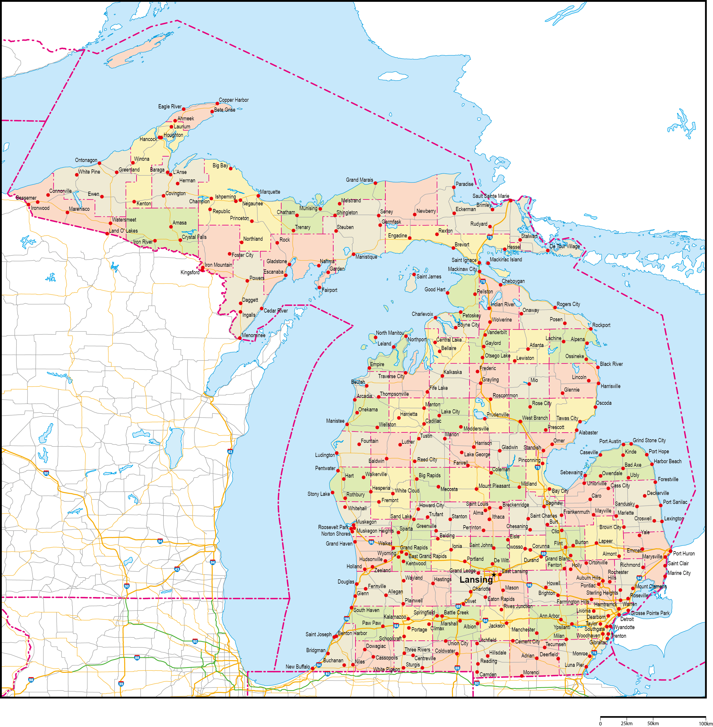ミシガン州郡色分け地図州都・主な都市・道路あり(英語)フリーデータの画像