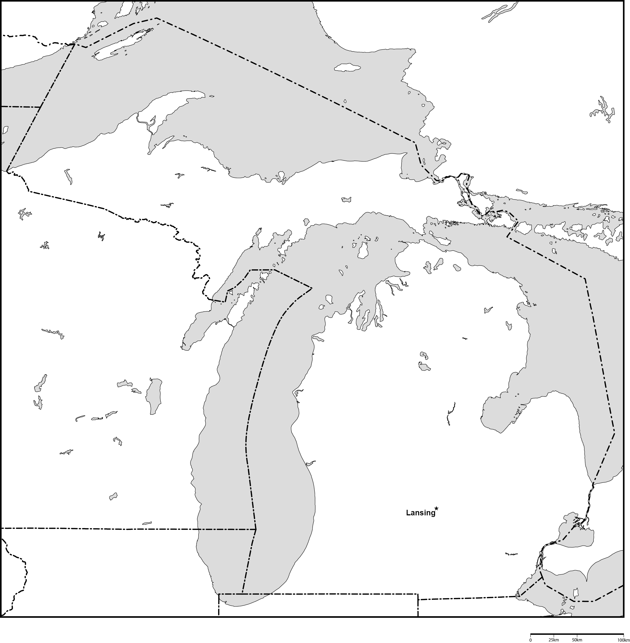 ミシガン州白地図州都あり(英語)フリーデータの画像