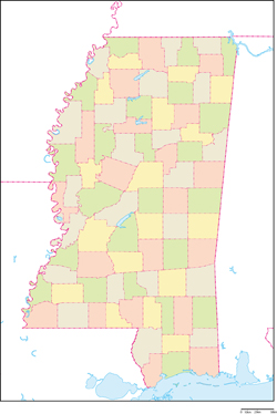 ミシシッピ州郡色分け地図