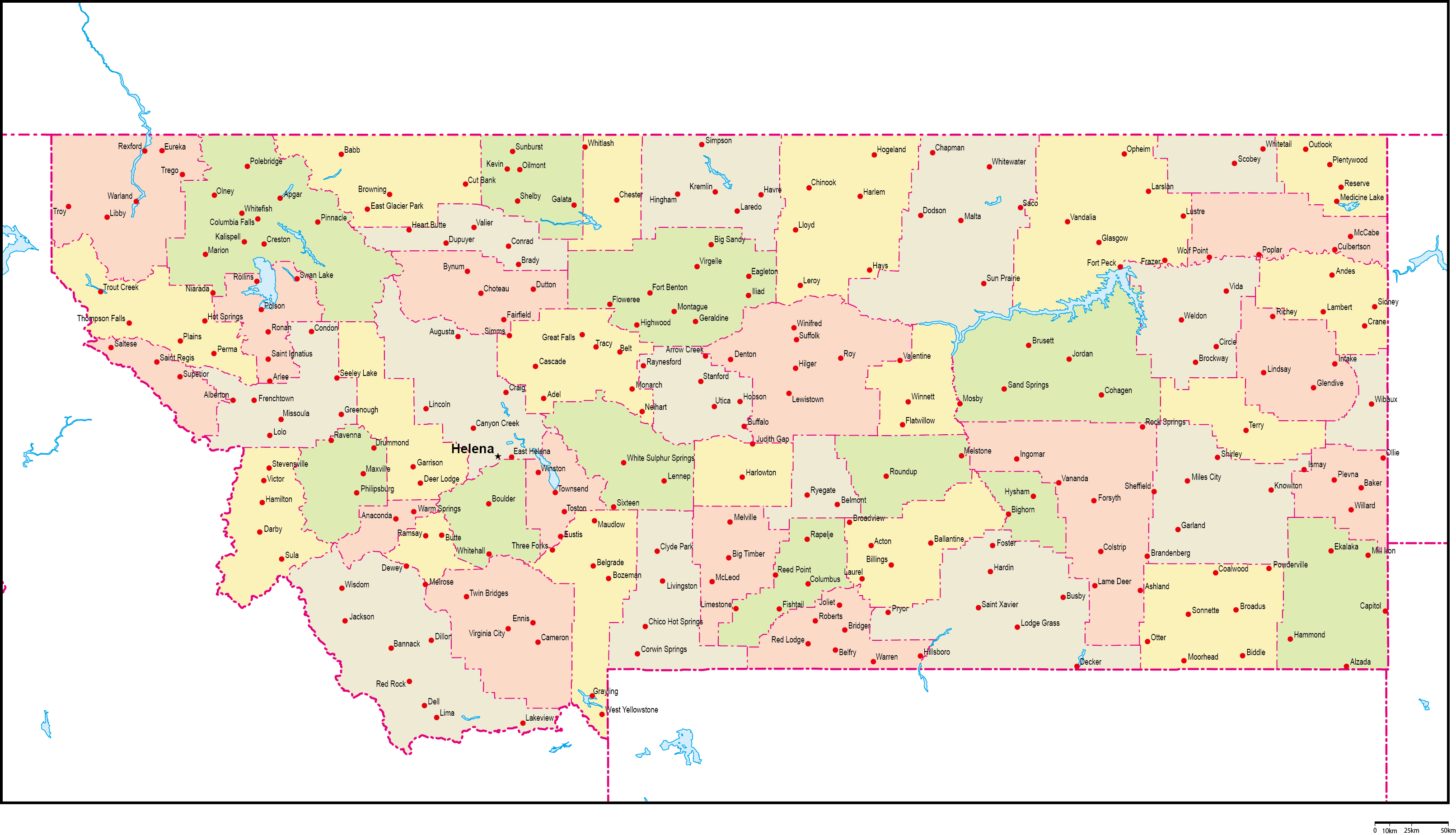 モンタナ州郡色分け地図州都・主な都市あり(英語)フリーデータの画像
