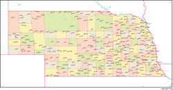 ネブラスカ州郡色分け地図州都・主な都市あり(英語)