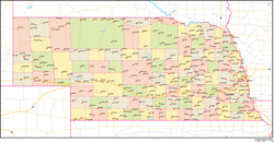 ネブラスカ州郡色分け地図州都・主な都市・道路あり(英語)