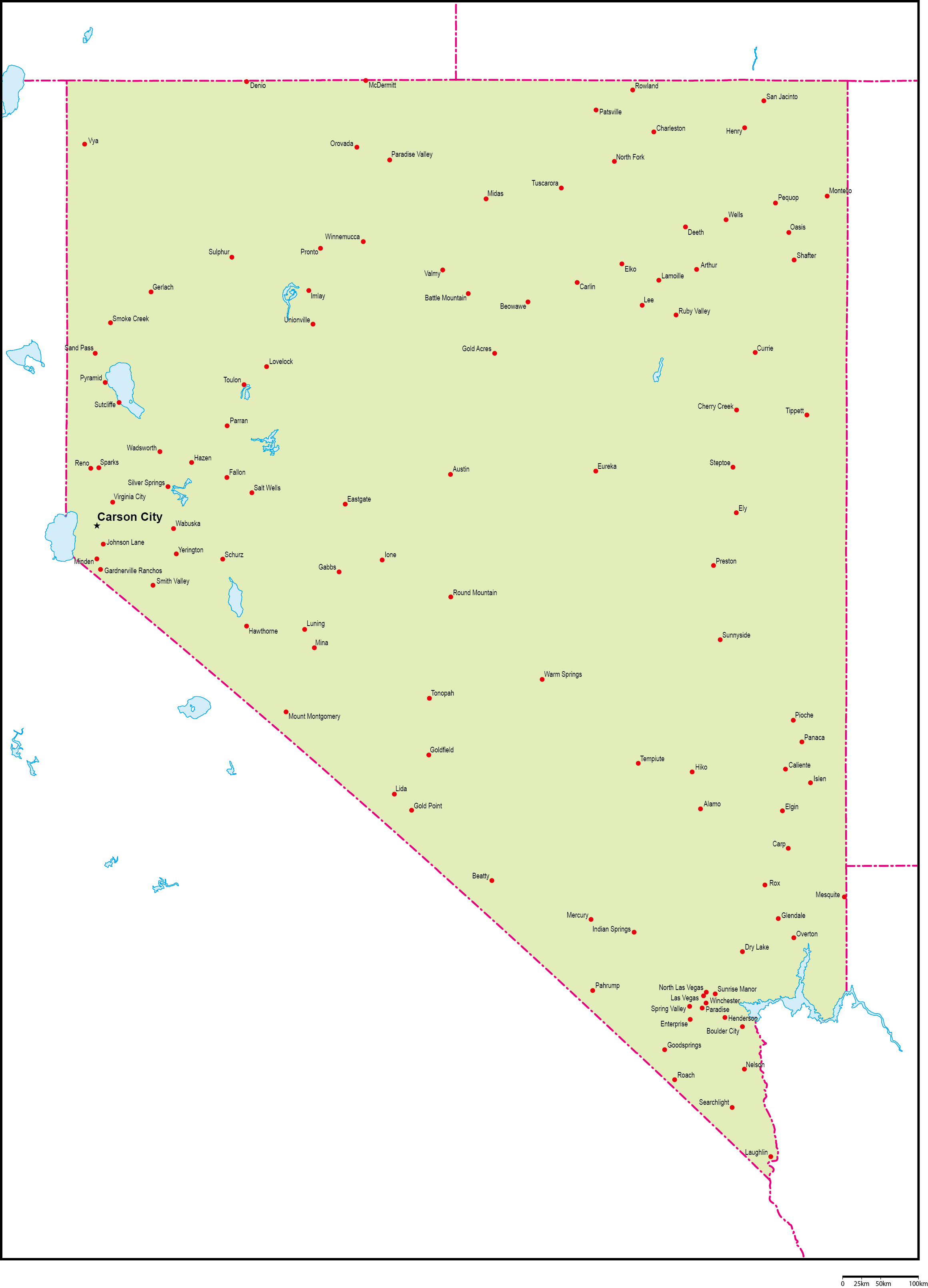 ネバダ州地図州都・主な都市あり(英語)フリーデータの画像