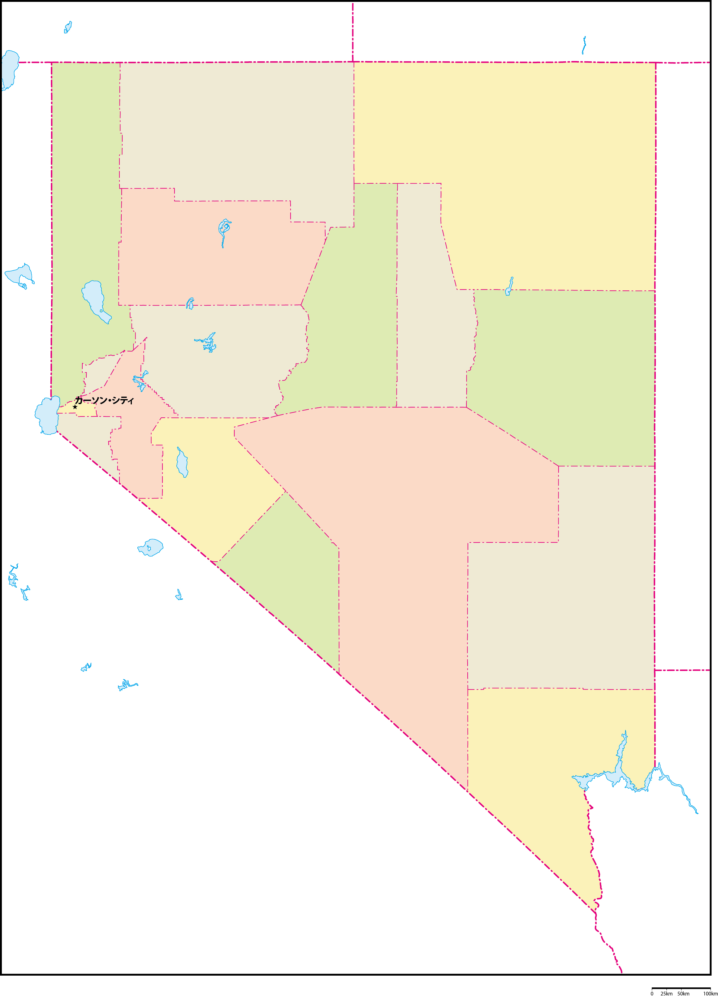 ネバダ州郡色分け地図州都あり(日本語)フリーデータの画像