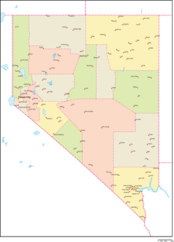 ネバダ州郡色分け地図州都・主な都市あり(英語)