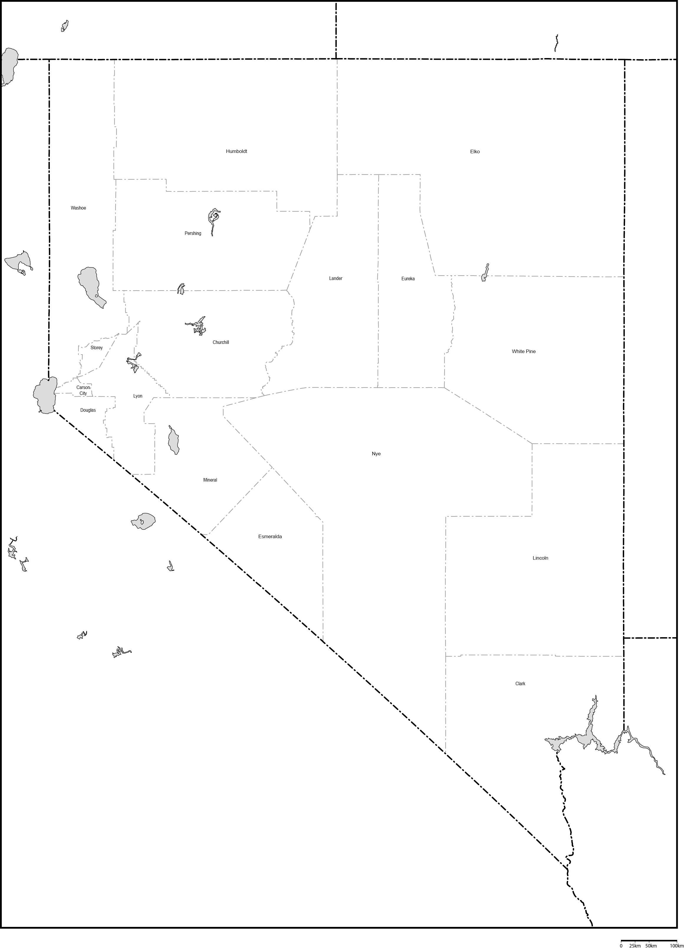 ネバダ州郡分け白地図郡名あり(英語)フリーデータの画像