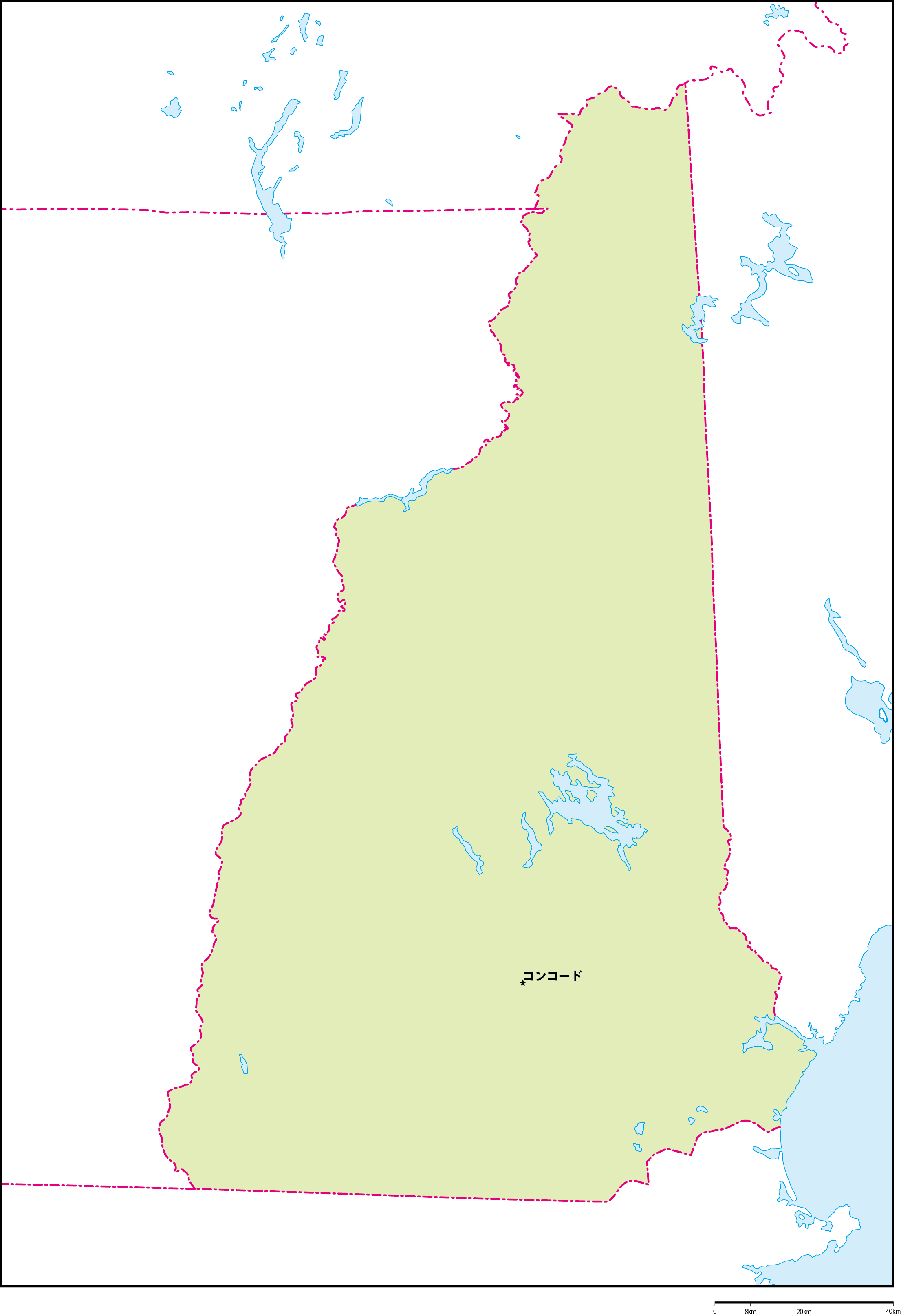 ニューハンプシャー州地図州都あり(日本語)フリーデータの画像