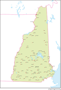 ニューハンプシャー州地図州都・主な都市あり(英語)