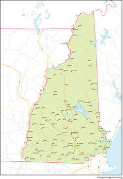 ニューハンプシャー州地図州都・主な都市・道路あり(英語)