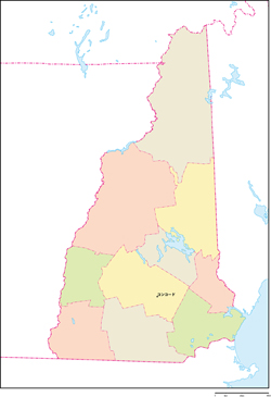 ニューハンプシャー州郡色分け地図州都あり(日本語)