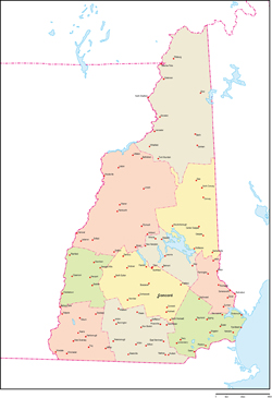 ニューハンプシャー州郡色分け地図州都・主な都市あり(英語)