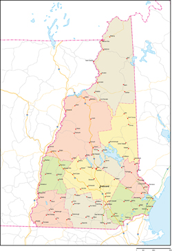 ニューハンプシャー州郡色分け地図州都・主な都市・道路あり(英語)