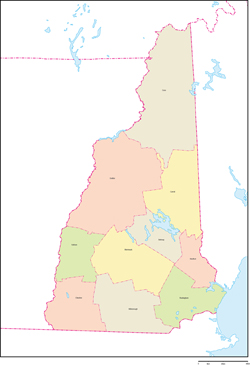 ニューハンプシャー州郡色分け地図郡名あり(英語)