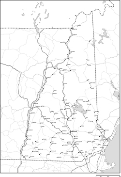 ニューハンプシャー州白地図州都・主な都市・道路あり(英語)