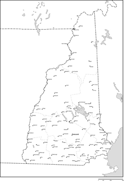 ニューハンプシャー州郡分け白地図州都・主な都市あり(英語)