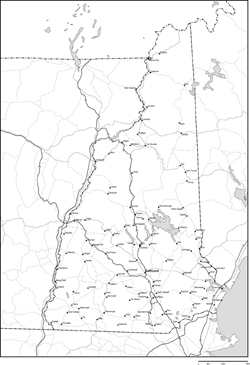 ニューハンプシャー州郡分け白地図州都・主な都市・道路あり(英語)