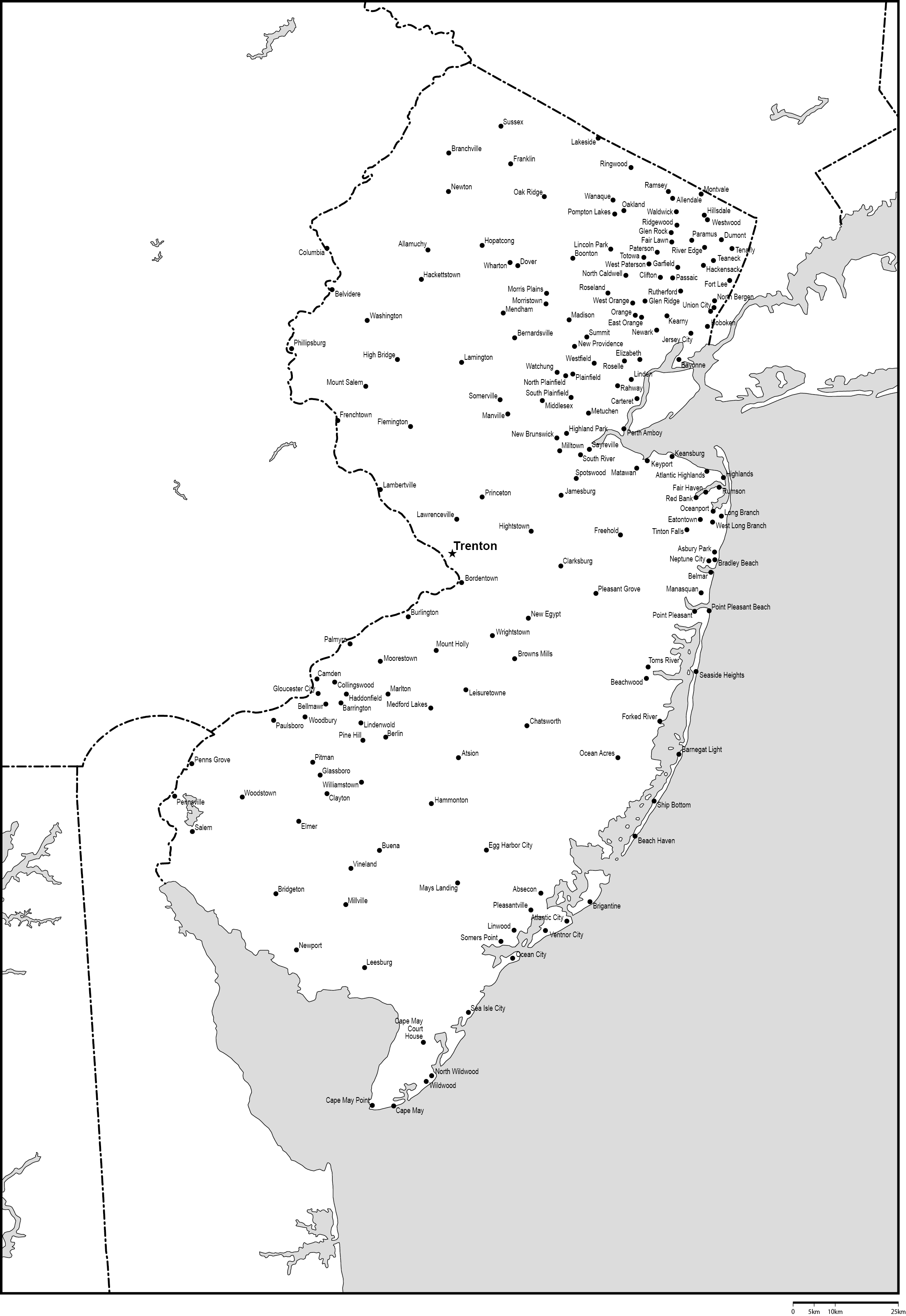 ニュージャージー州白地図州都・主な都市あり(英語)フリーデータの画像