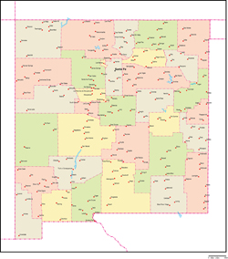 ニューメキシコ州郡色分け地図州都・主な都市あり(英語)