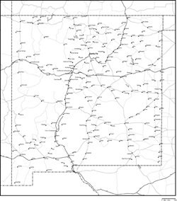 ニューメキシコ州白地図州都・主な都市・道路あり(英語)