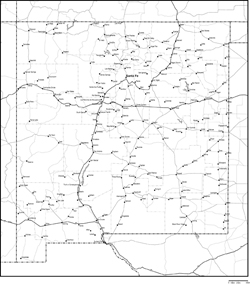 ニューメキシコ州郡分け白地図州都・主な都市・道路あり(英語)