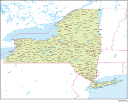 ニューヨーク州地図州都・主な都市あり(英語)