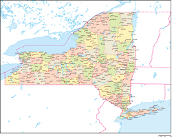 ニューヨーク州郡色分け地図州都・主な都市あり(英語)