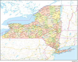 ニューヨーク州郡色分け地図州都・主な都市・道路あり(英語)
