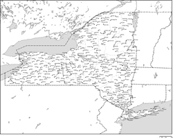 ニューヨーク州郡分け白地図州都・主な都市あり(英語)