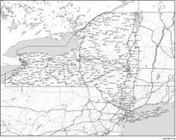 ニューヨーク州郡分け白地図州都・主な都市・道路あり(英語)