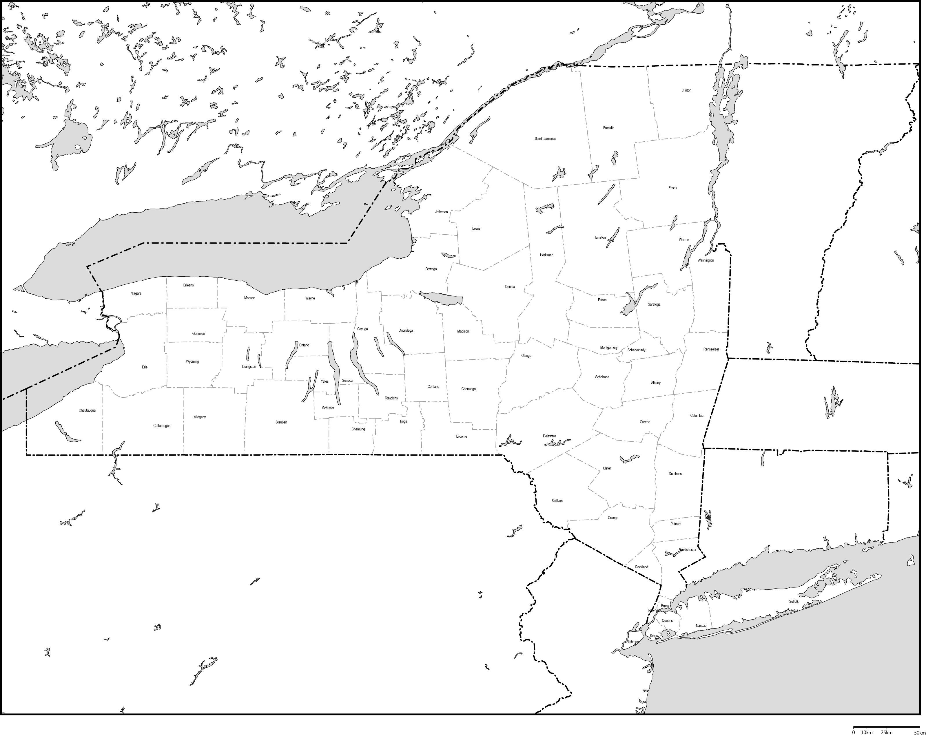 ニューヨーク州郡分け白地図郡名あり(英語)フリーデータの画像