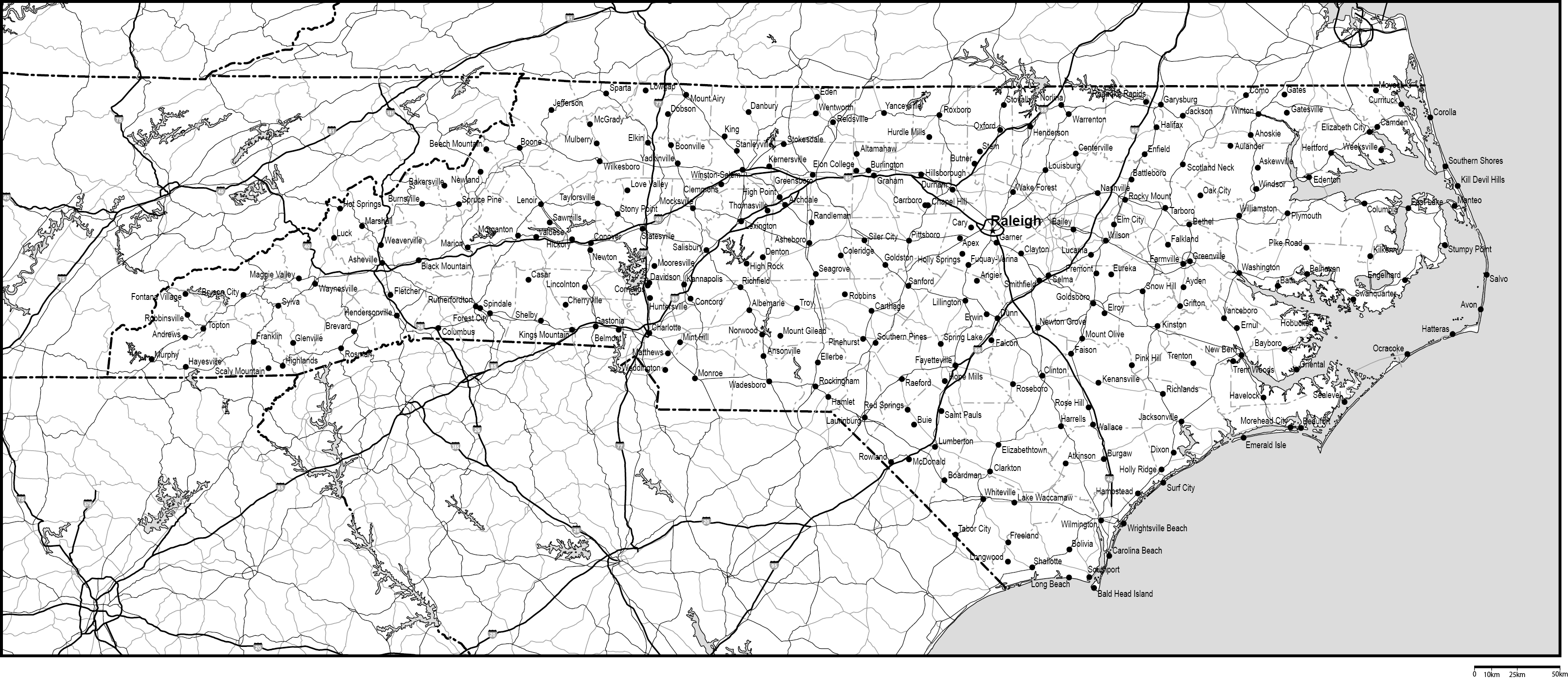 ノースカロライナ州郡分け白地図州都・主な都市・道路あり(英語)フリーデータの画像