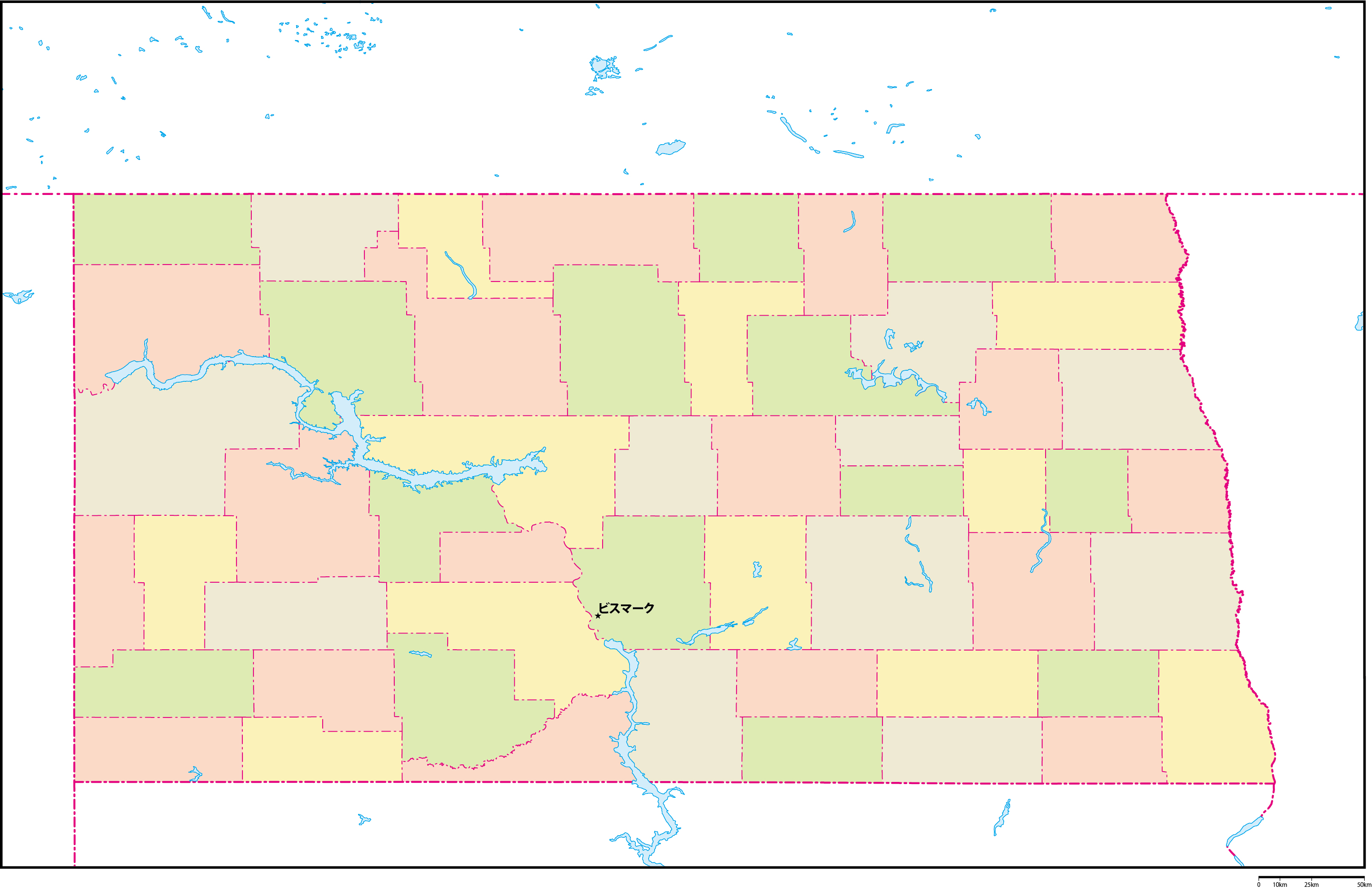 ノースダコタ州郡色分け地図州都あり(日本語)フリーデータの画像