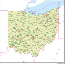オハイオ州地図州都・主な都市あり(英語)
