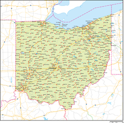 オハイオ州地図州都・主な都市・道路あり(英語)