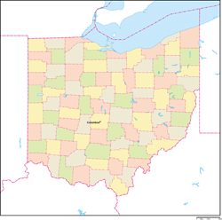 オハイオ州郡色分け地図州都あり(英語)