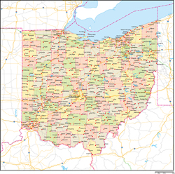 オハイオ州郡色分け地図州都・主な都市・道路あり(英語)