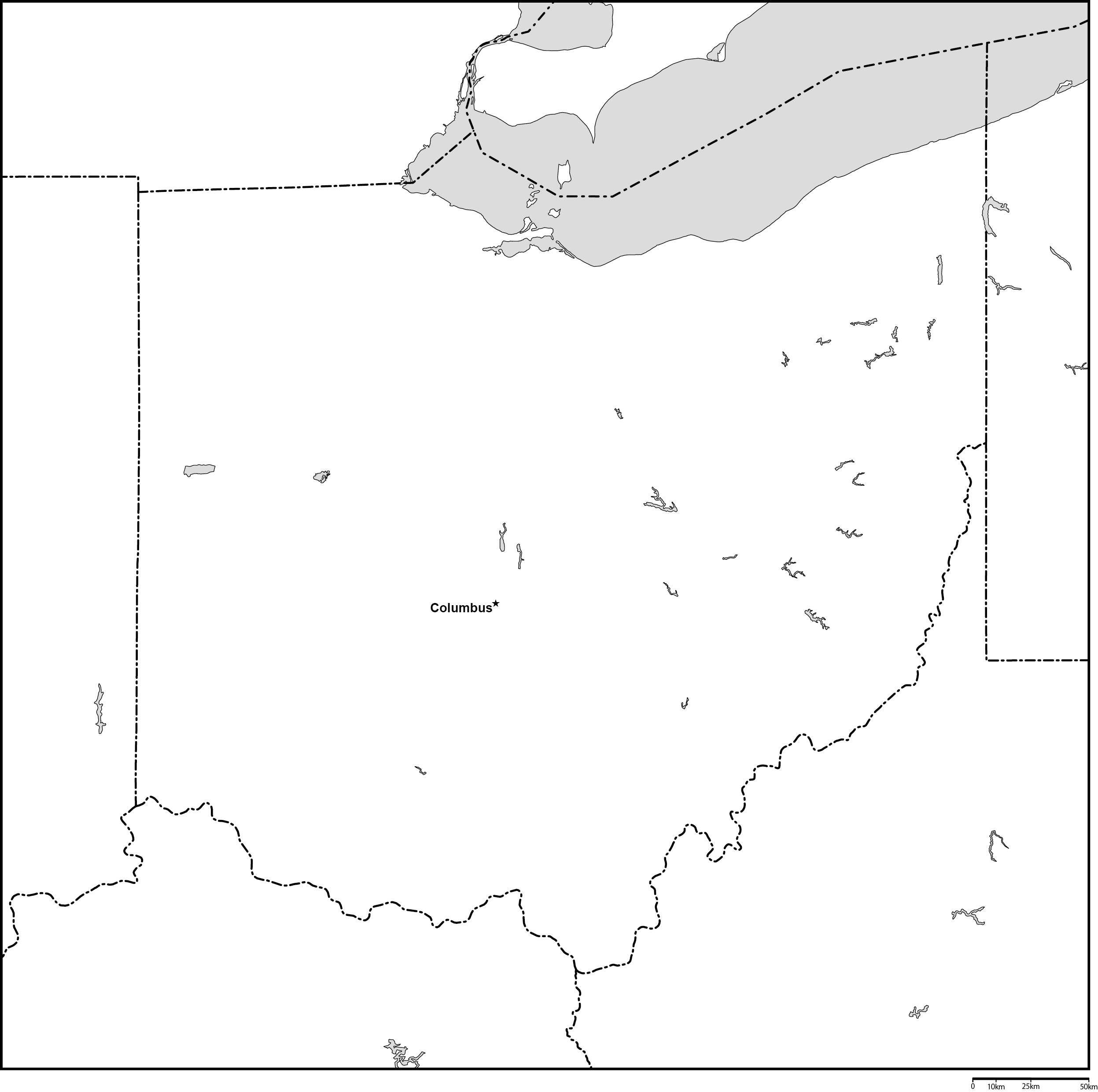 オハイオ州白地図州都あり(英語)フリーデータの画像